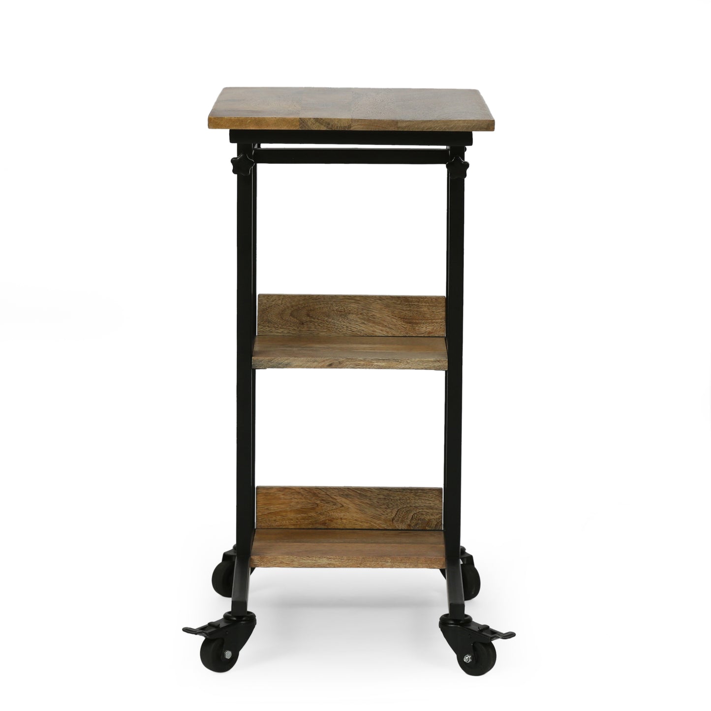 Industrialstyle rolling side table with natural wood shelves and black metal frame