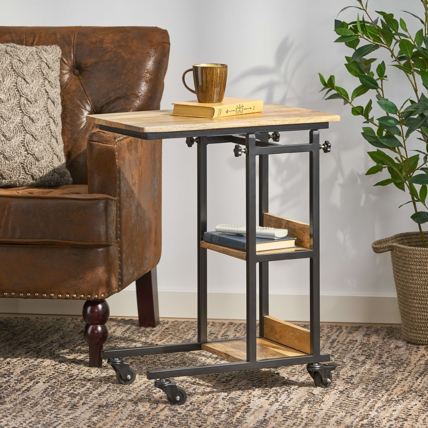 Rustic Ctable with adjustable height wood top metal frame and casters