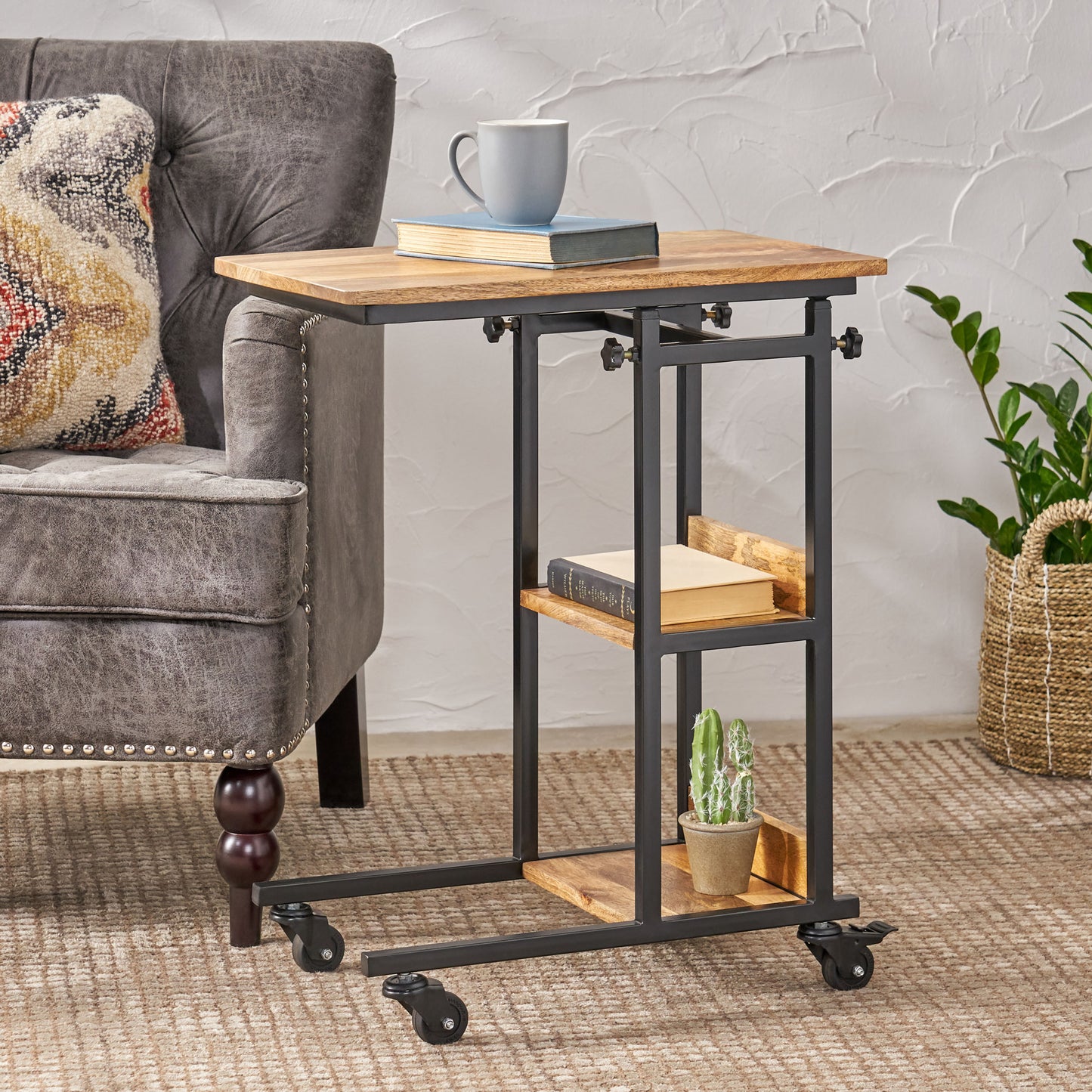 Industrial ctable with natural wood top and black metal frame perfect for living rooms