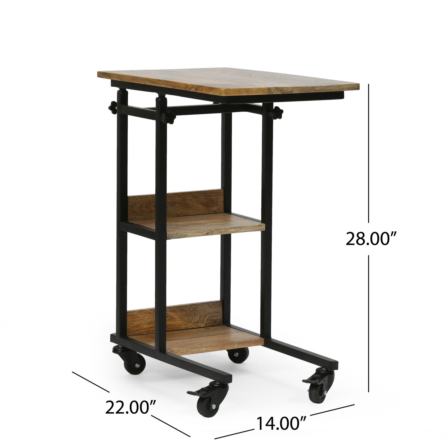 Industrial side table with wooden top two shelves and black metal frame on casters