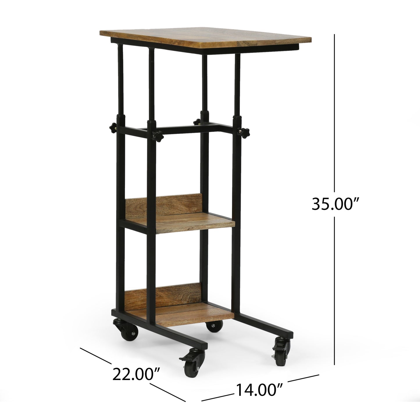 Industrial style rolling side table with adjustable height and dual wooden shelves