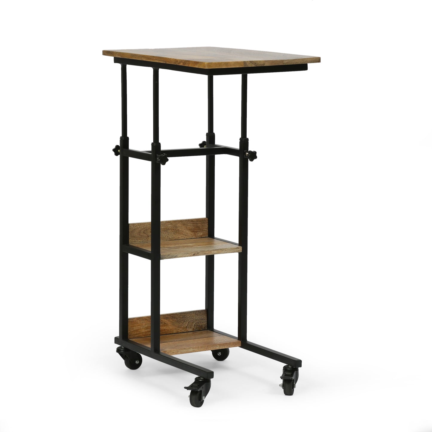 Adjustable height side table with reclaimed wood shelves and black metal frame on casters