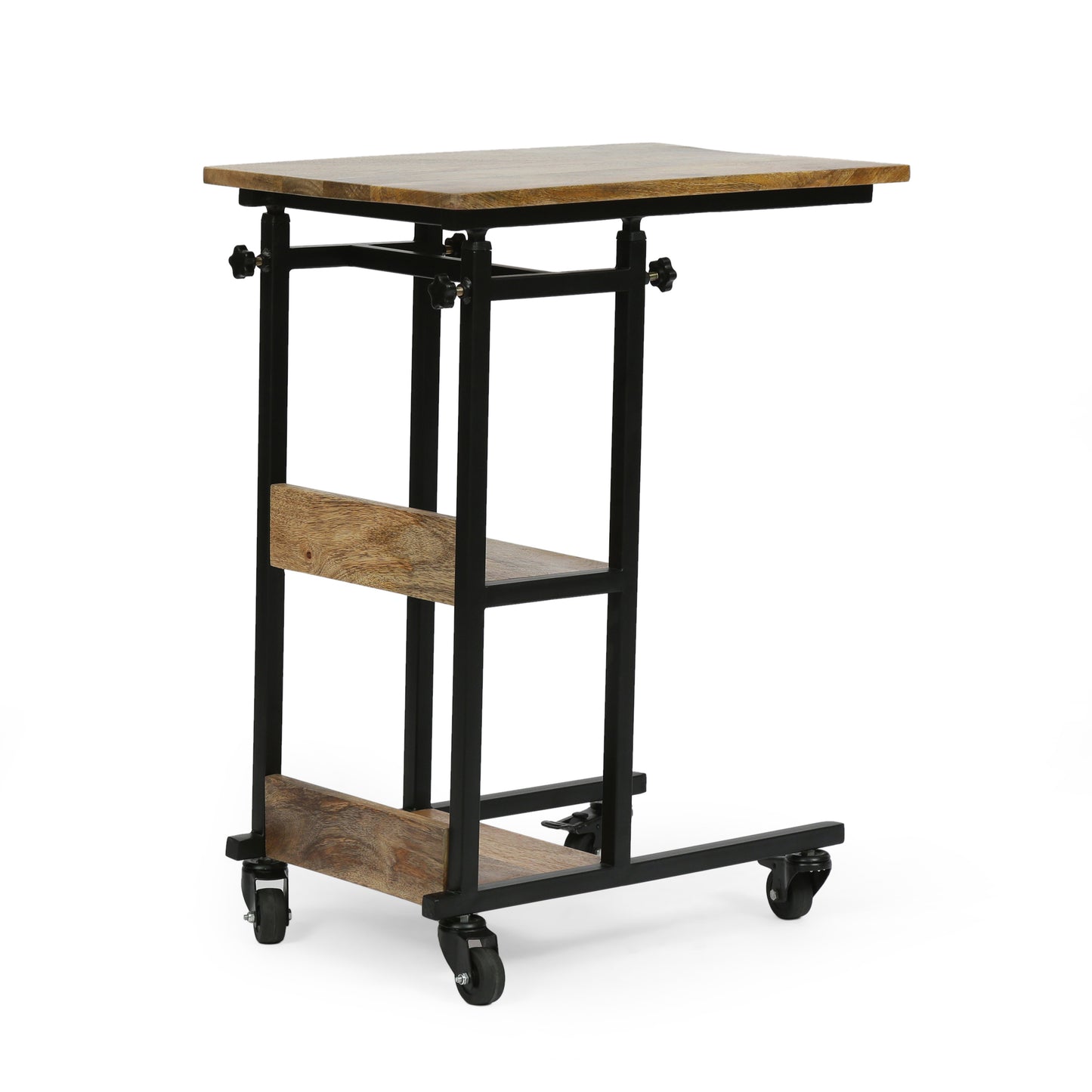 Industrial style rolling side table with wood top and metal frame