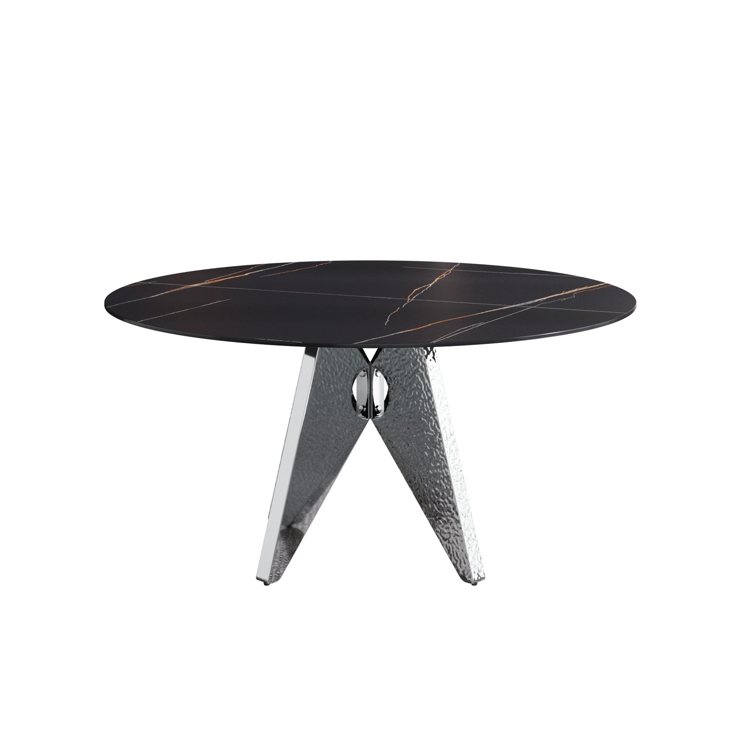 Round black marble coffee table with gold veining and chrome base