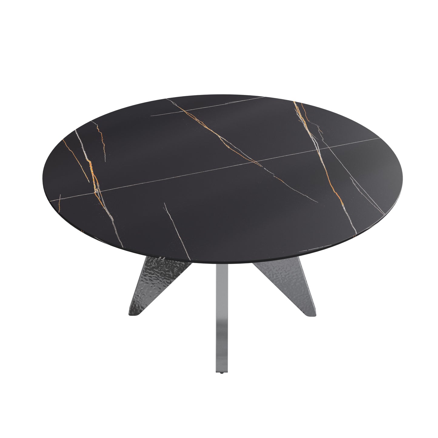 Round black marble coffee table with gold and silver veining and a metal base