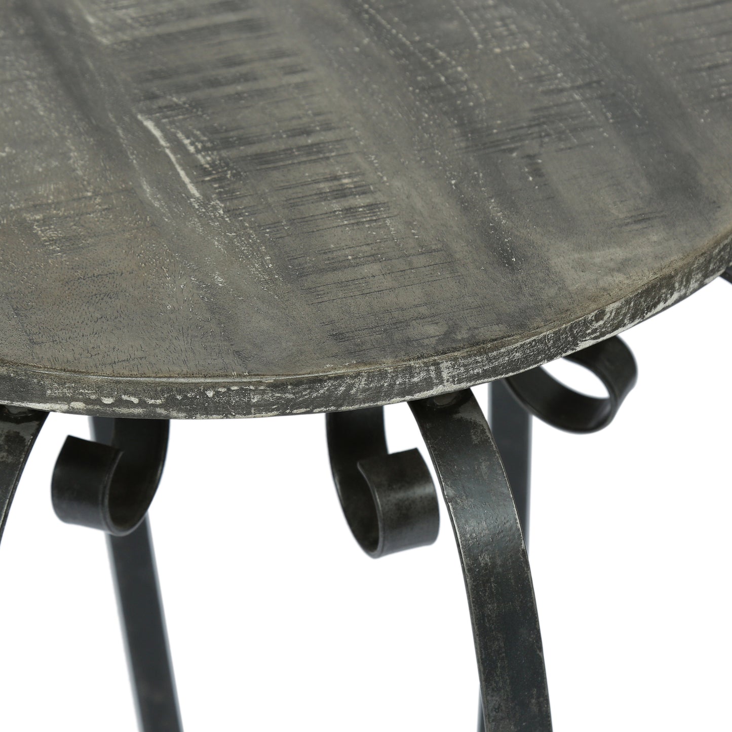 Rustic grey wood tabletop with distressed finish and ornate black metal legs