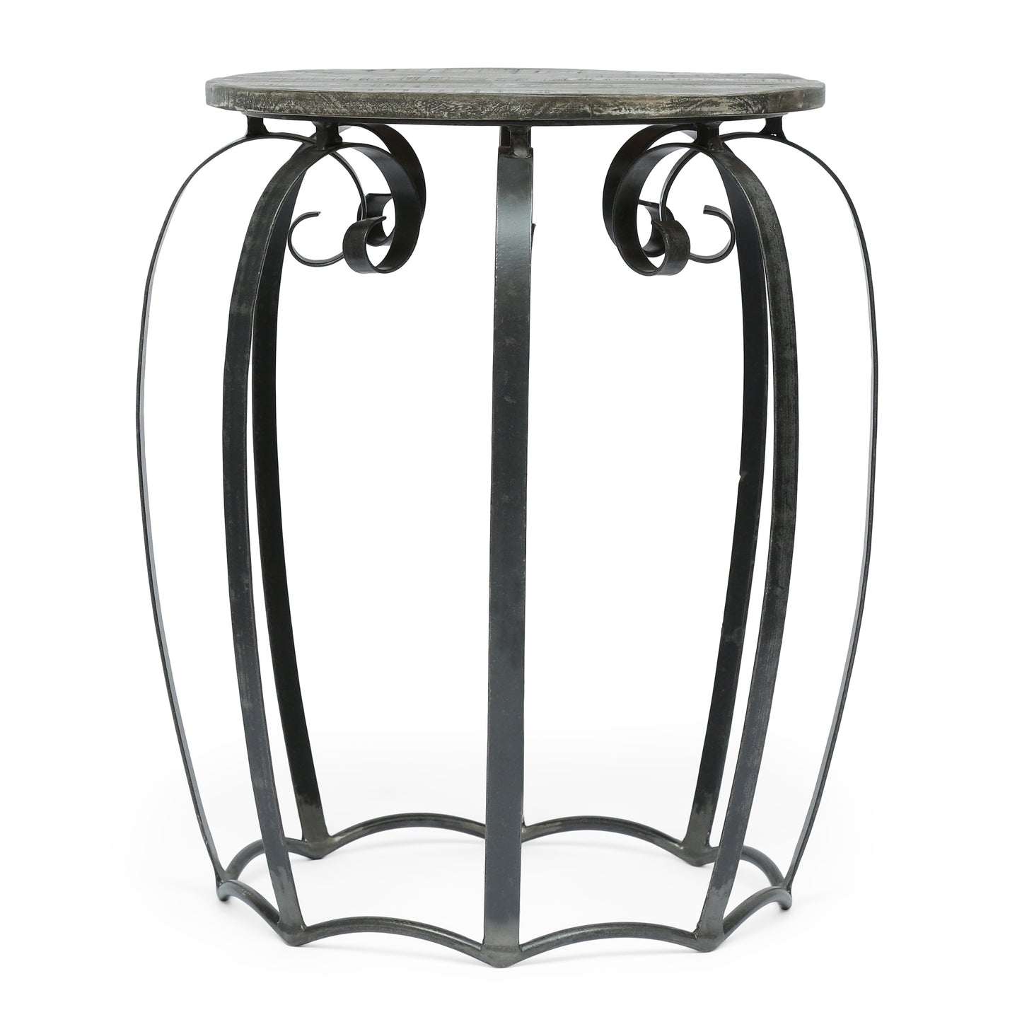 Rustic metal plant stand with distressed wood tabletop and ornate scrollwork legs