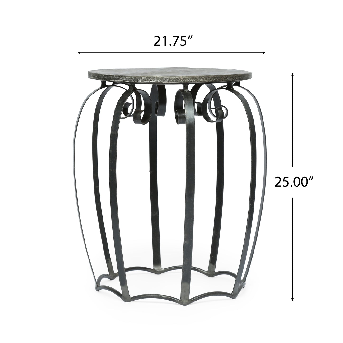 Ornate black metal garden stool with a distressed grey tabletop and scrolled accents wide