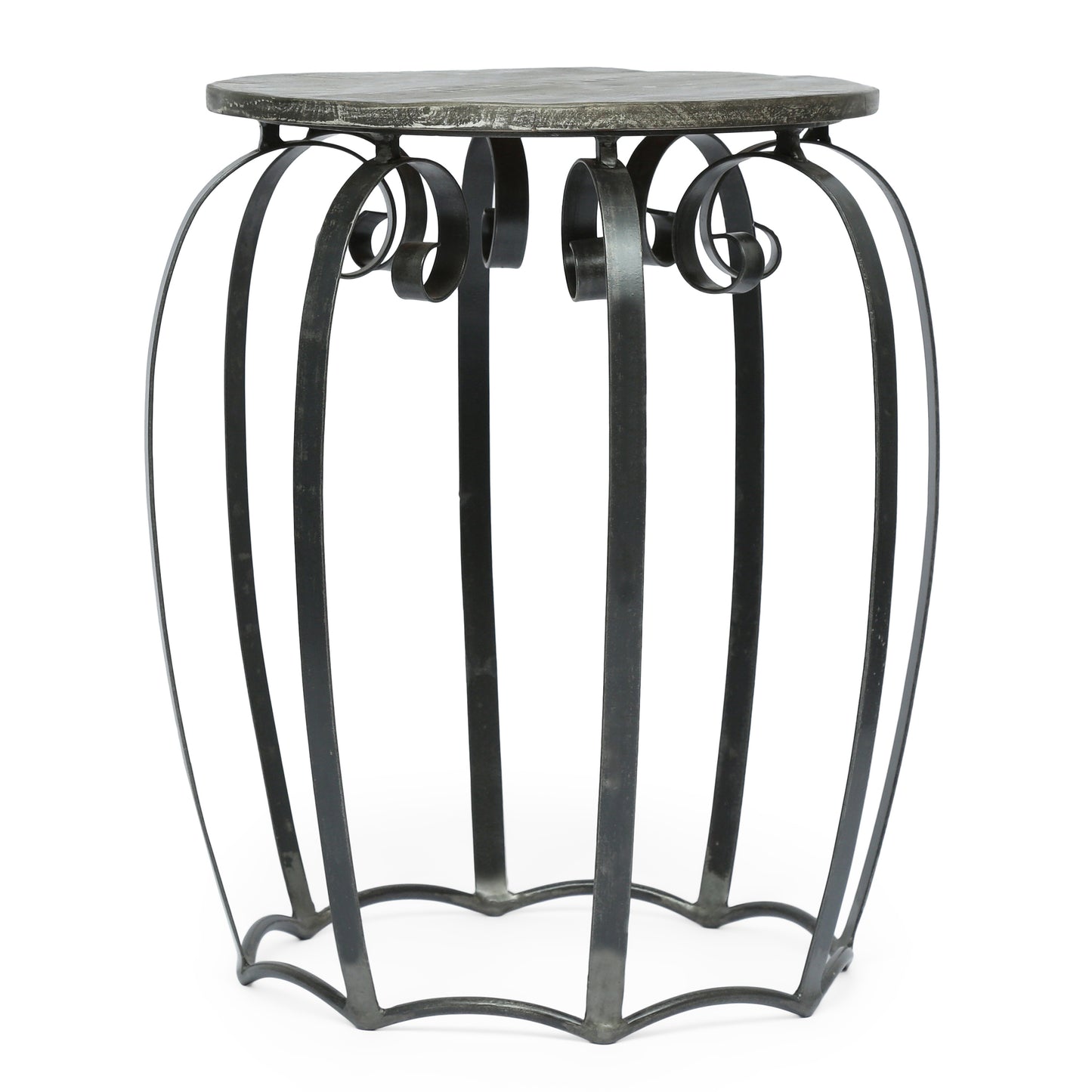 Antiquestyle black metal garden stool with decorative scrollwork and a grey stoneeffect top