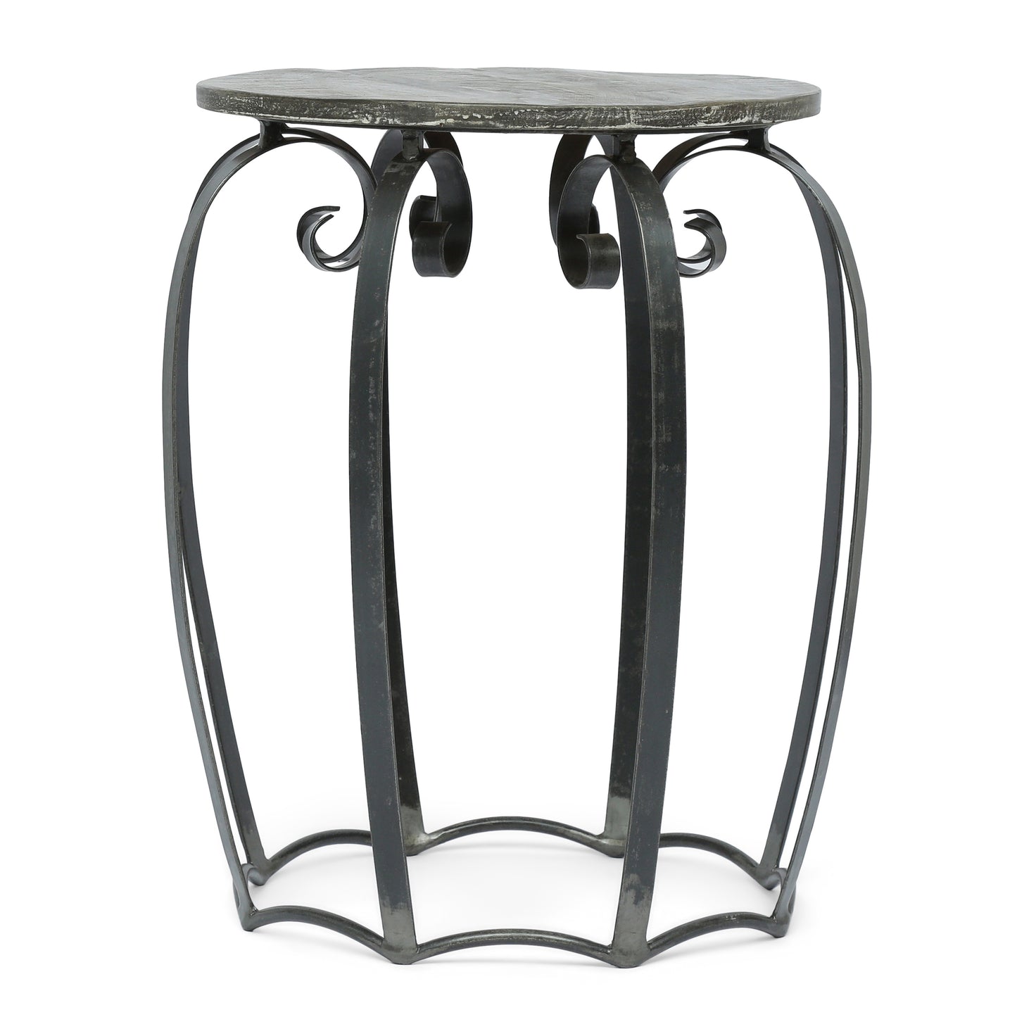Rustic metal accent table with scrolled legs and a textured grey top