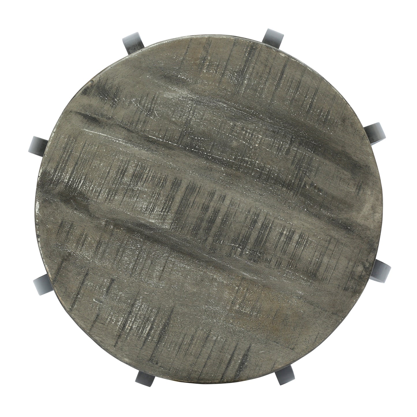 Rustic round wooden side table with a distressed gray finish and metal accents