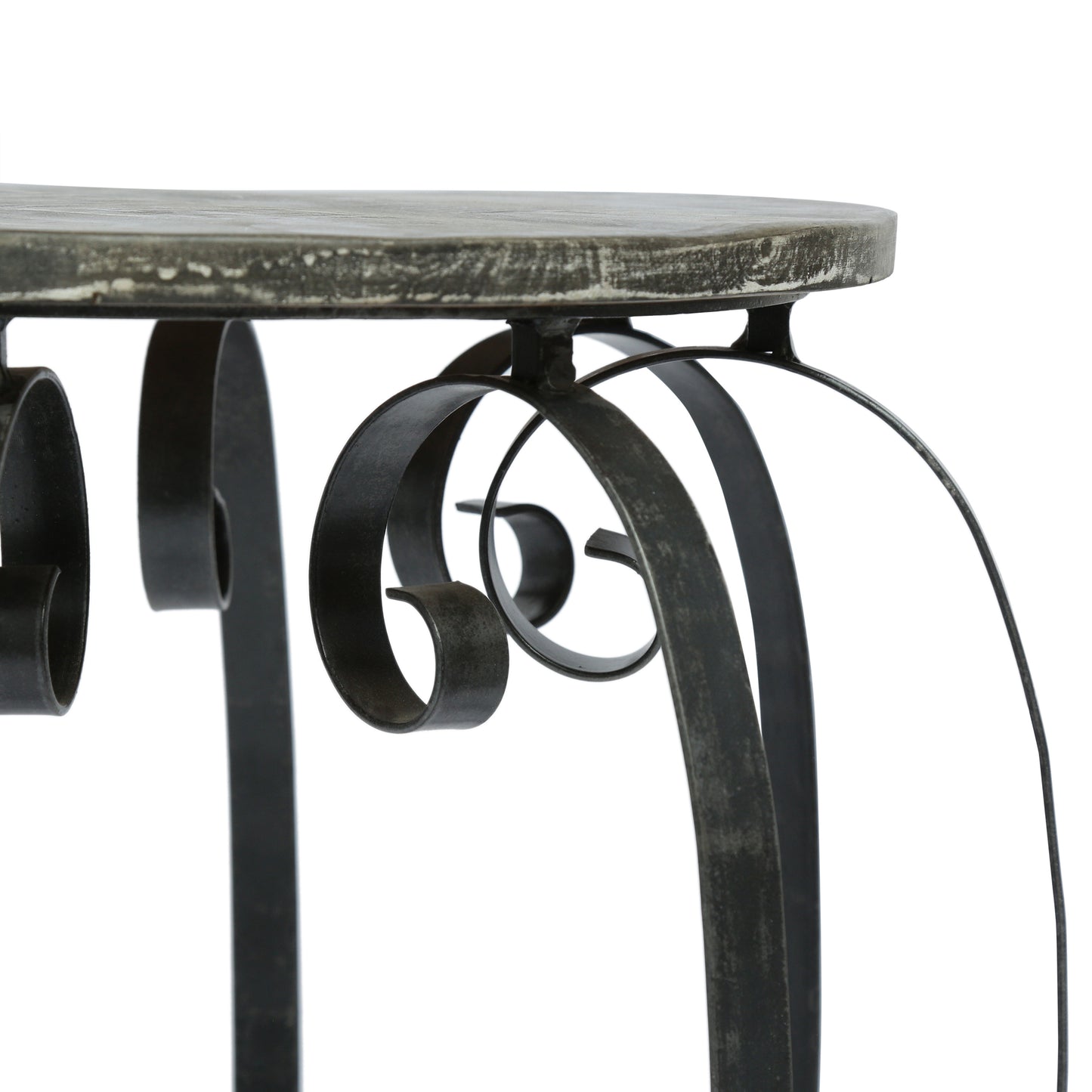 Rustic distressed gray stone top side table with ornate scrollwork metal base
