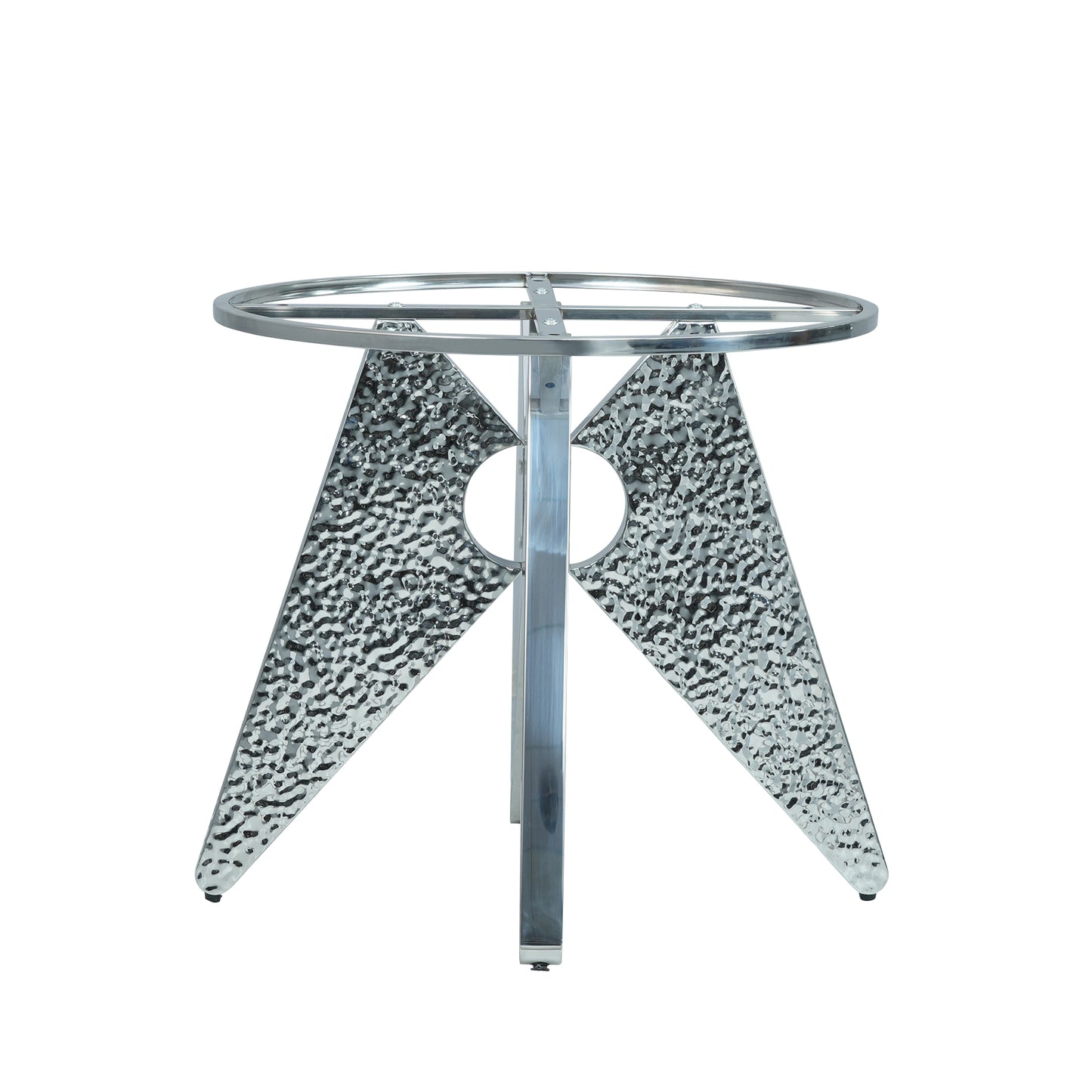 Textured silver metal table base with geometric legs and circular cutouts