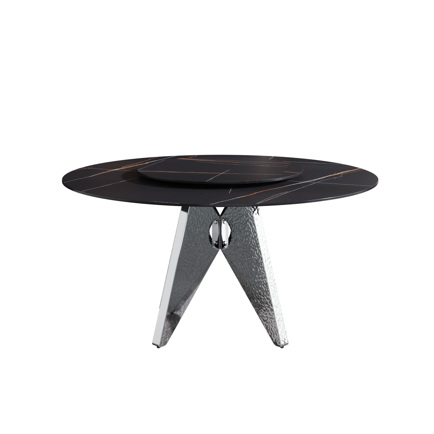 Black marble round coffee table with gold veins and chrome base