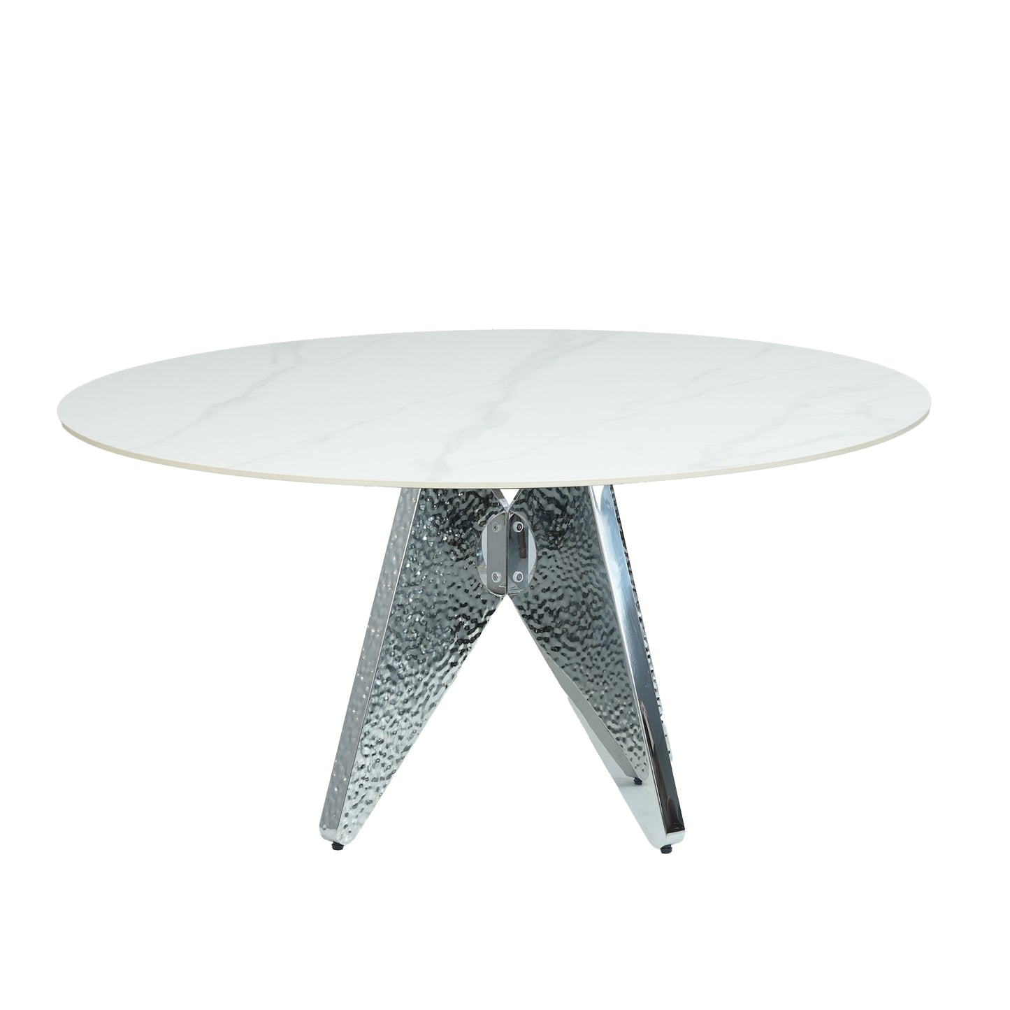 Round marbletop dining table with a hammered chrome pedestal base
