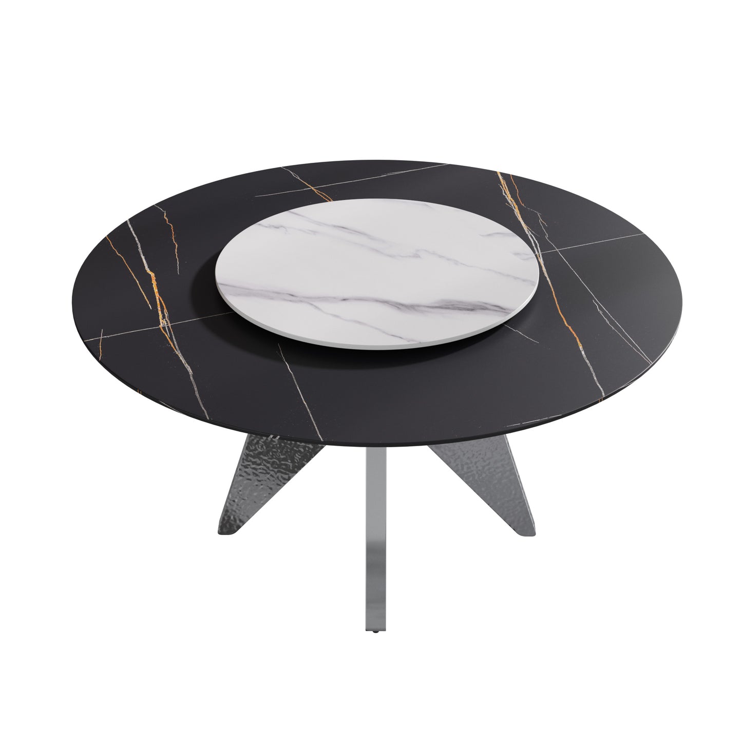 Round black ceramic dining table with white marble inlay and gold accents