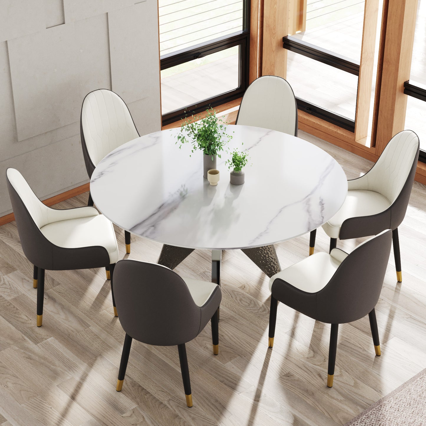 Modern white marble dining table with upholstered chairs