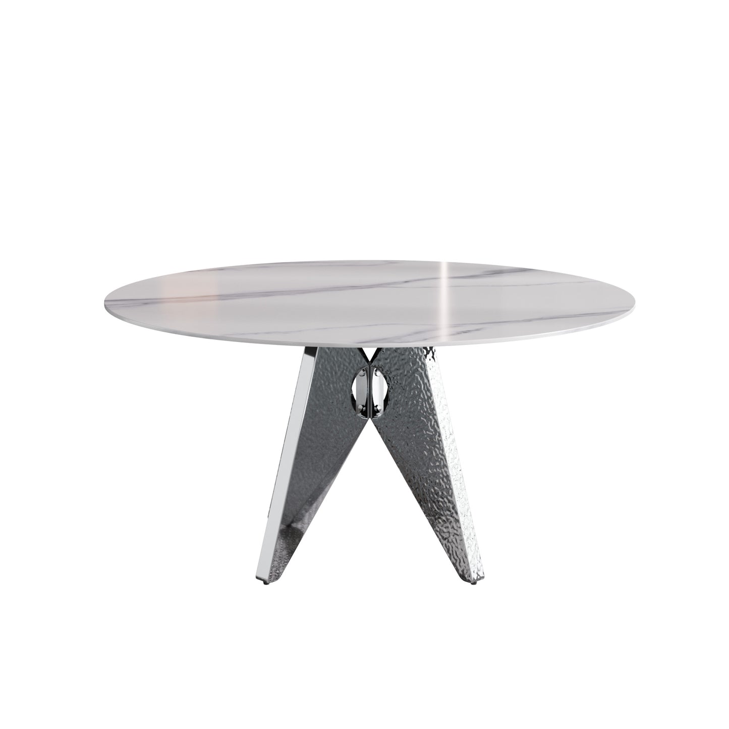 Round marble top dining table with textured chrome pedestal base