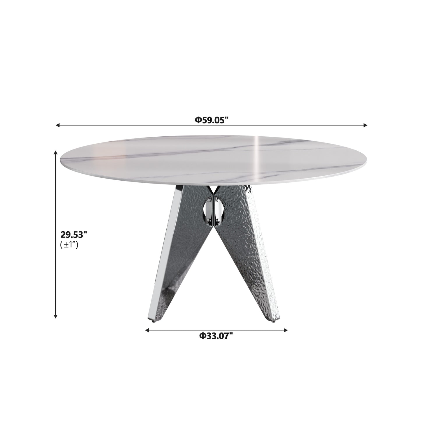 White marble top round dining table with textured chrome pedestal base