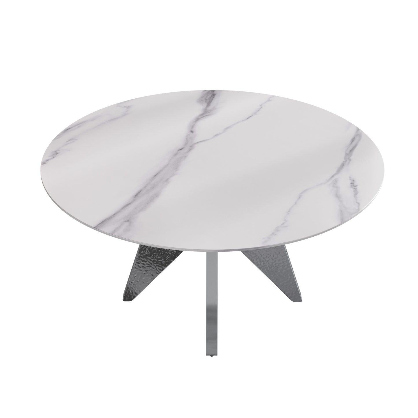 Round marble coffee table with metallic base and textured legs