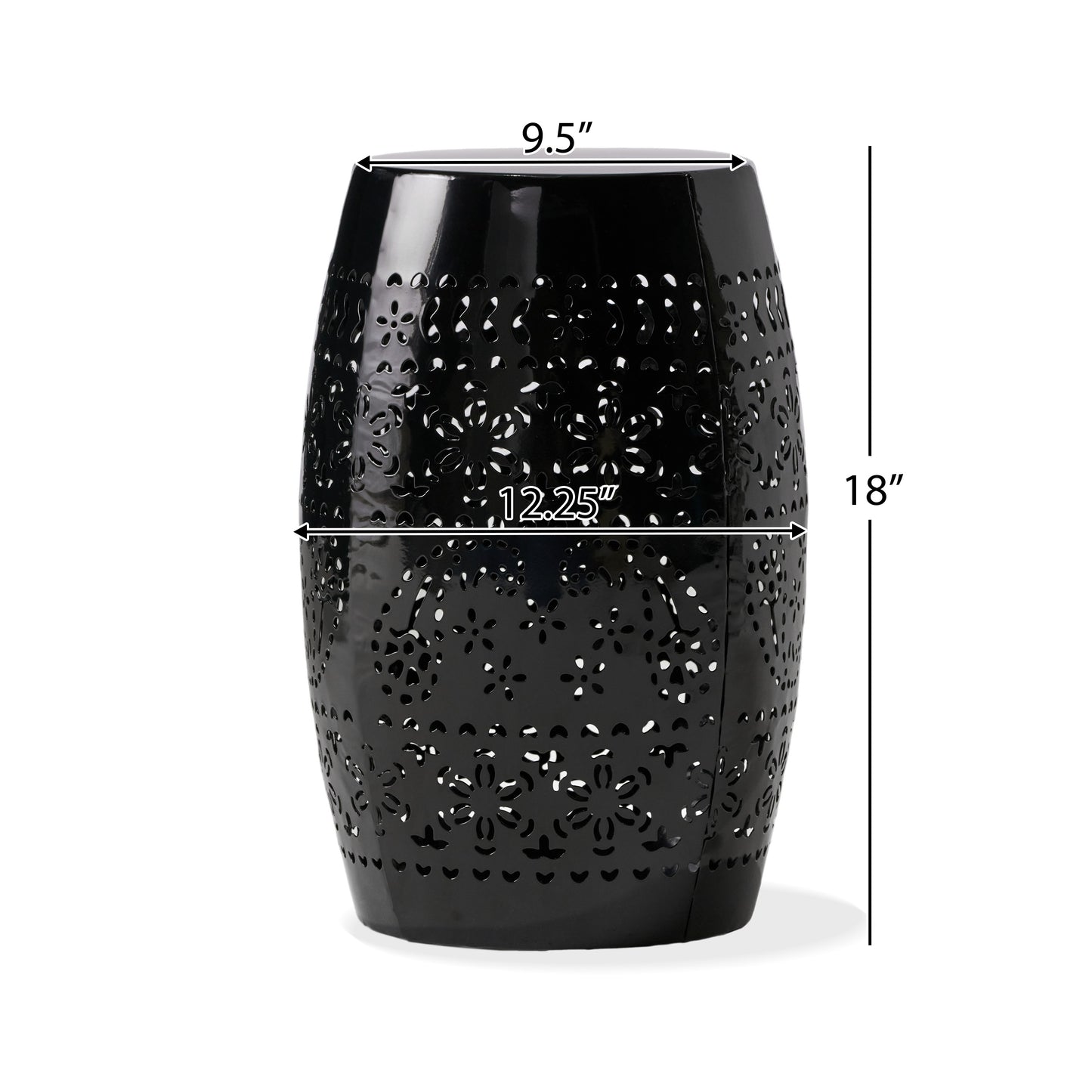 Black metal garden stool with intricate floral cutouts perfect for outdoor seating