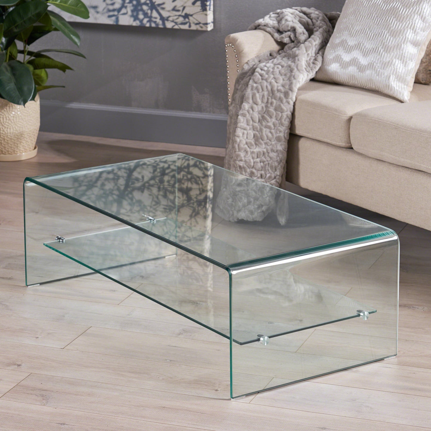 Curved tempered glass coffee table with lower shelf modern minimalist design