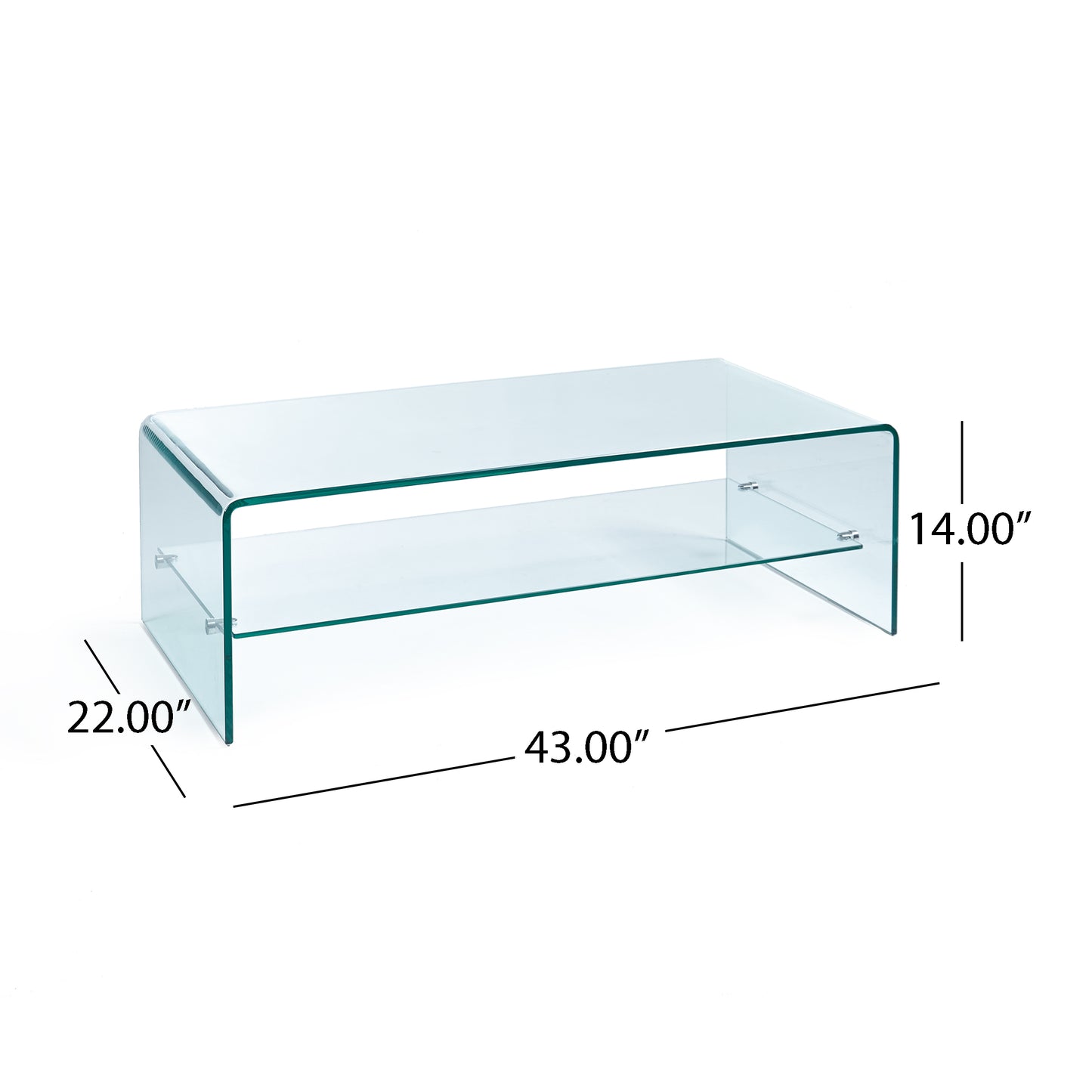 Clear glass waterfall coffee table with curved edges and lower shelf L x W x H