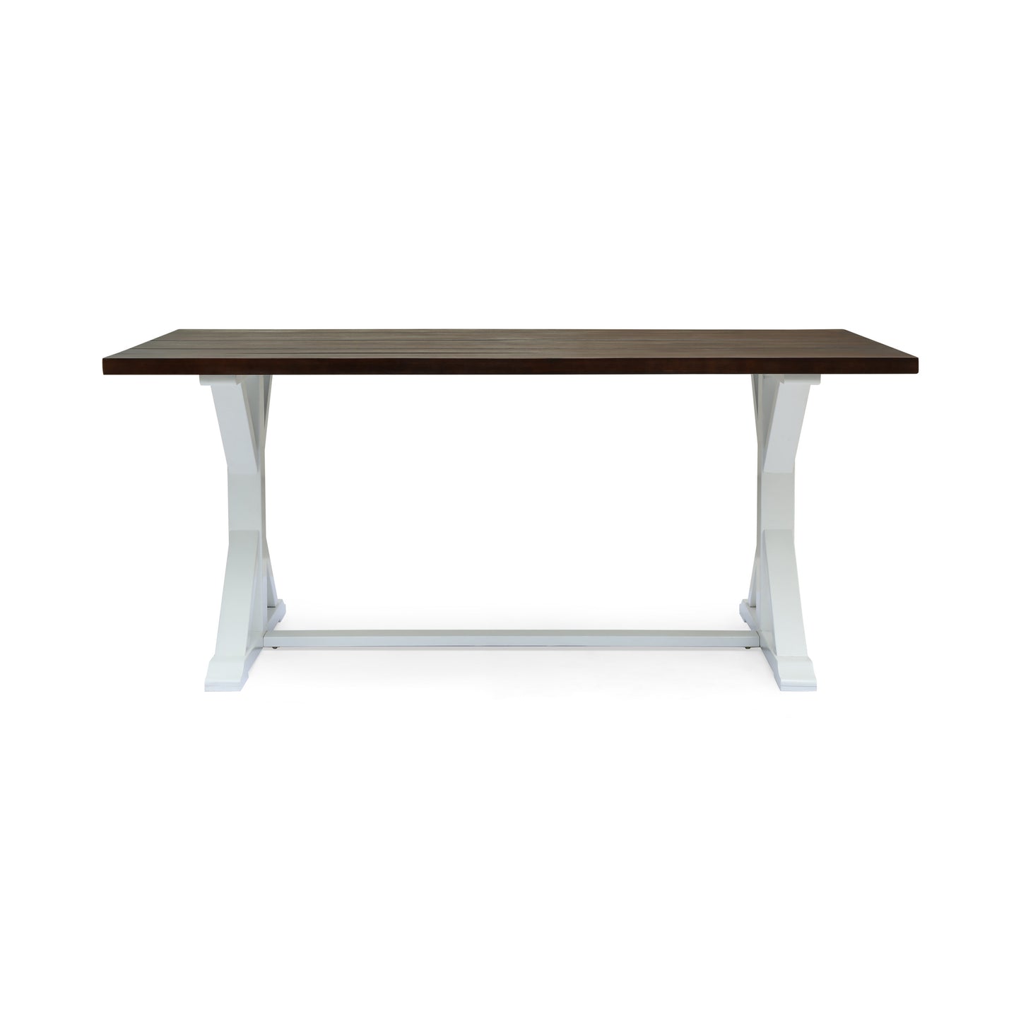 Dark wood dining table with white trestle base modern farmhouse style