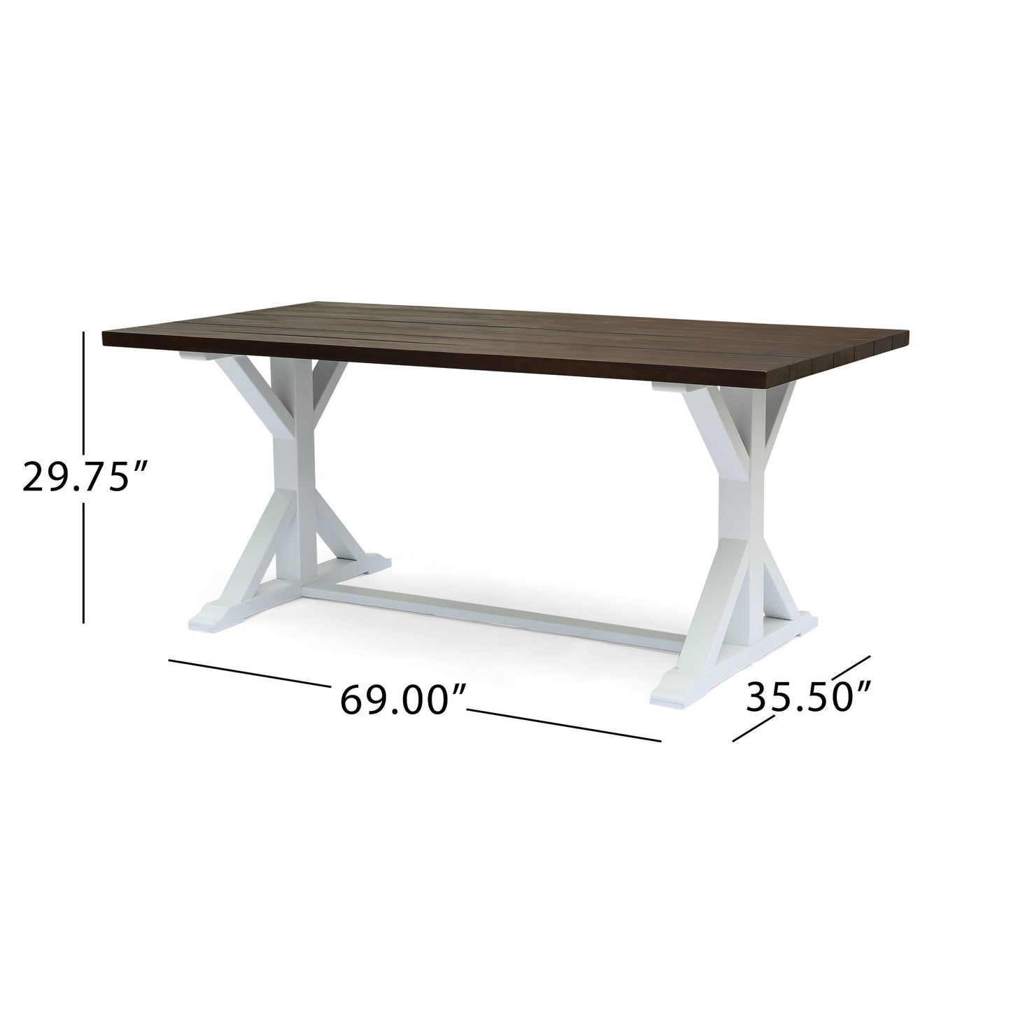 Dark wood slat top dining table with white trestle base