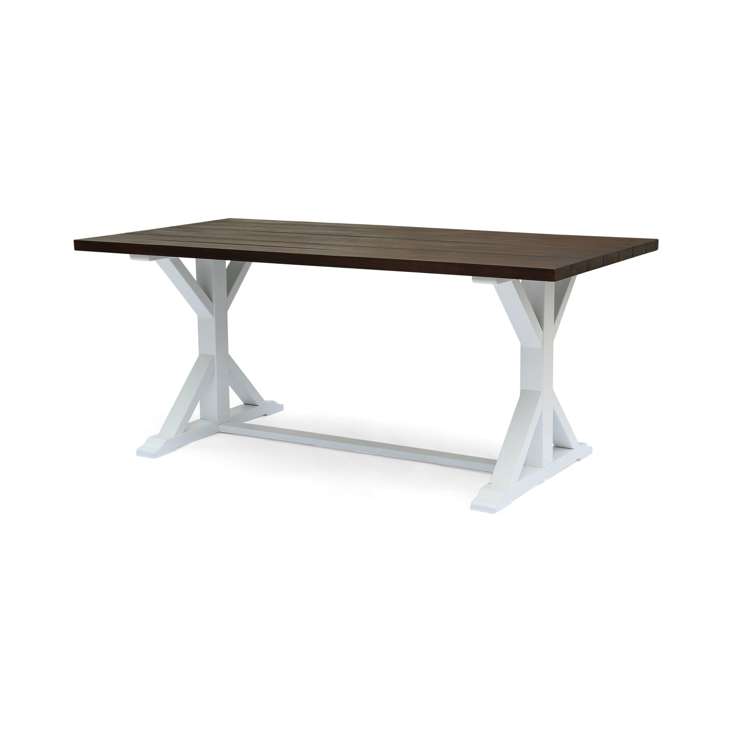 Dark wood dining table with white trestle base on white background