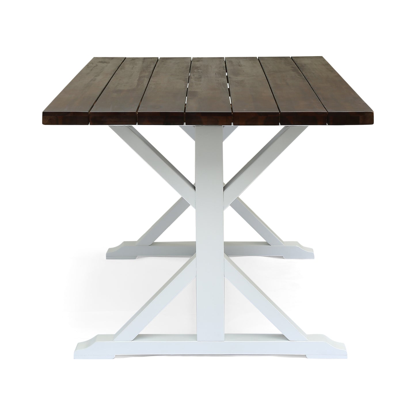 Dark brown reclaimed wood dining table with white Xleg base