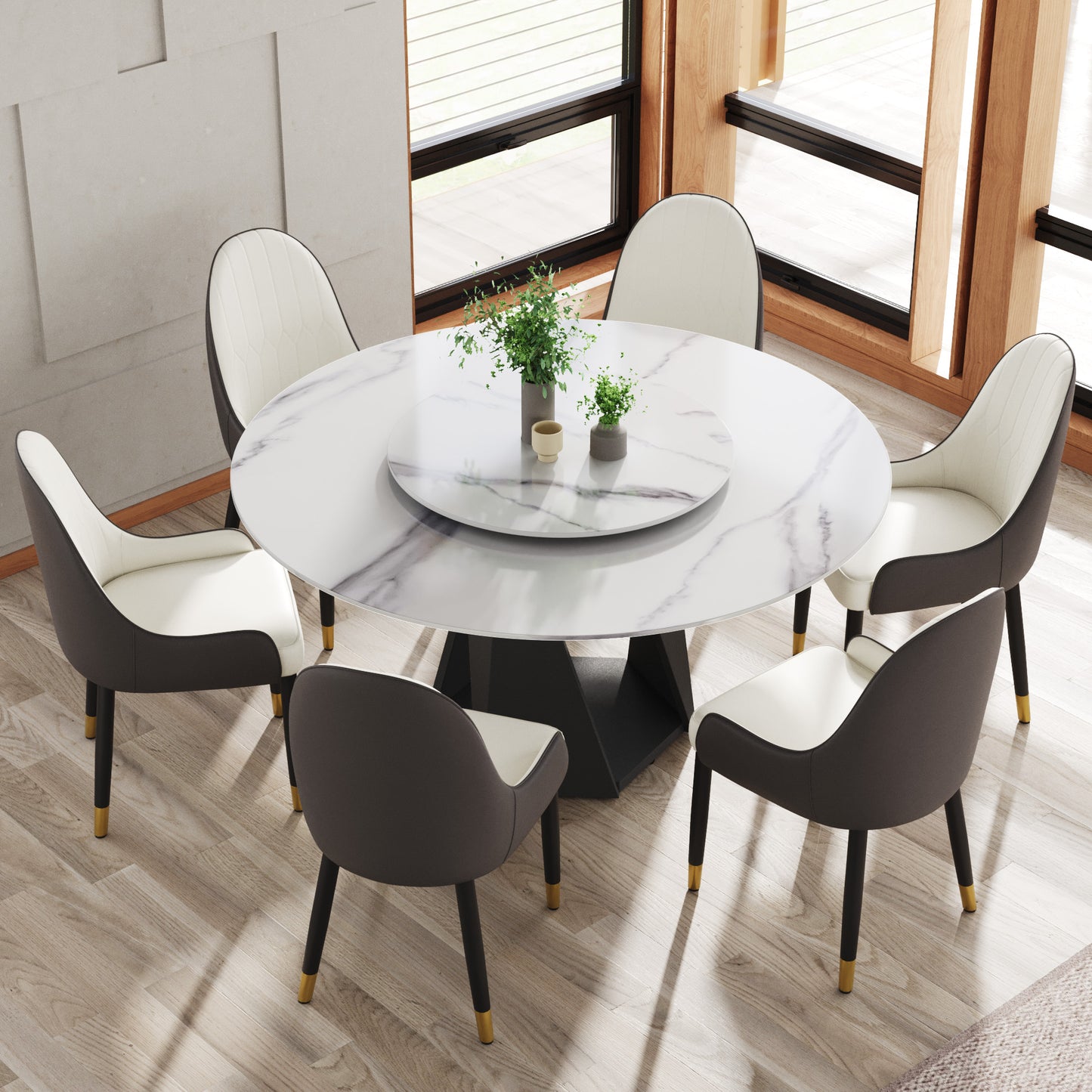 Round marble dining table with six upholstered chairs