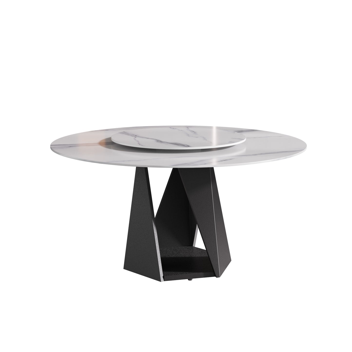 Modern marble top dining table with a geometric metal base