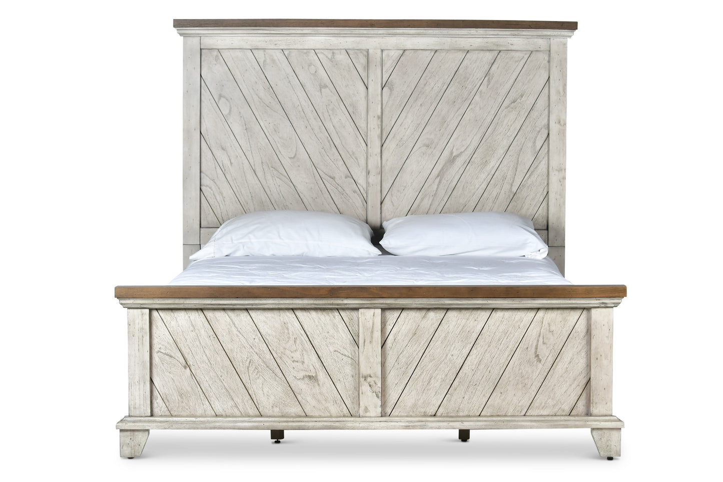 TREATLIFE HOME Queen Bed with Patterned Headboard and Footboard, Rustic Farmhouse Design, Whitewashed Gray Finish