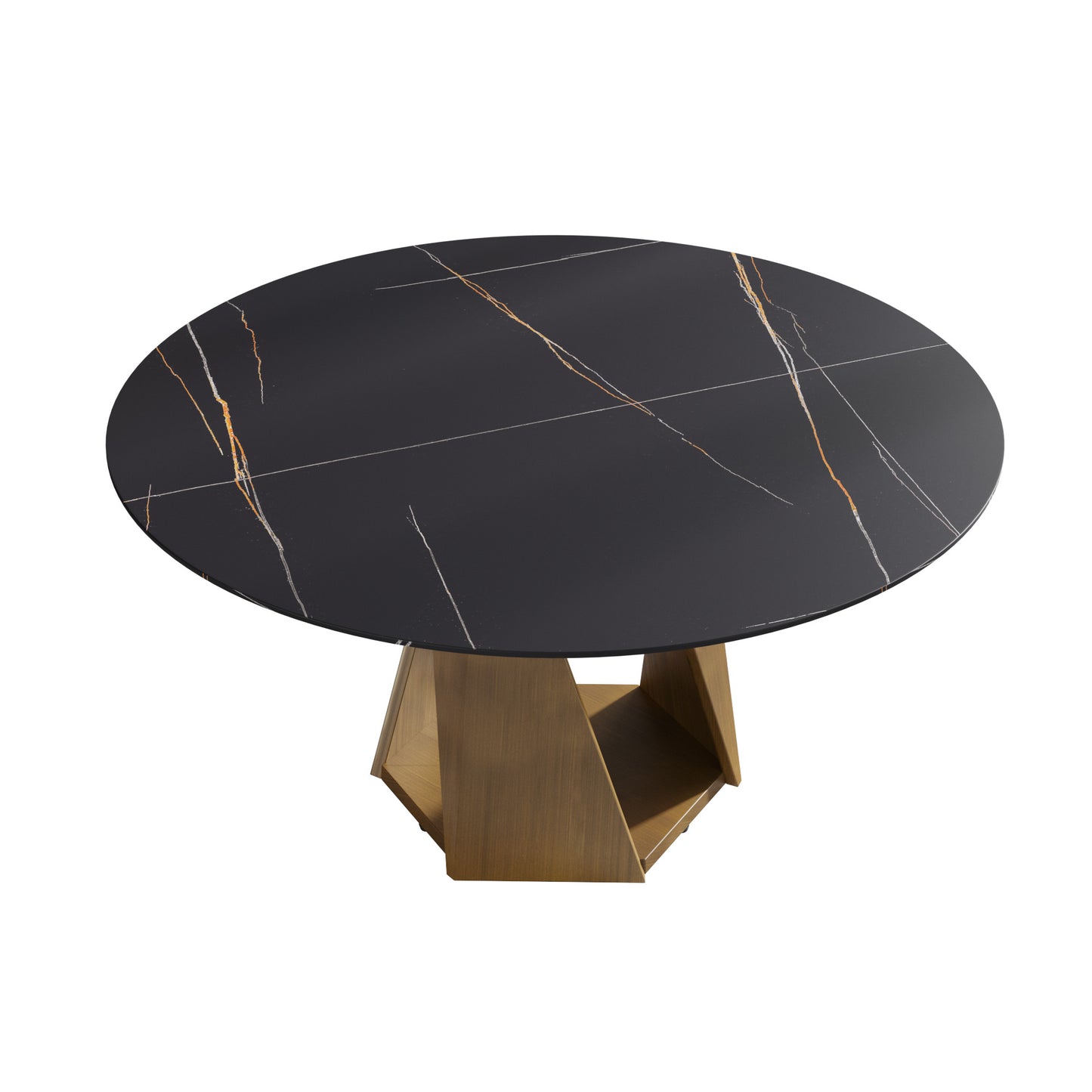 Round black marble dining table with gold veining and brass geometric base