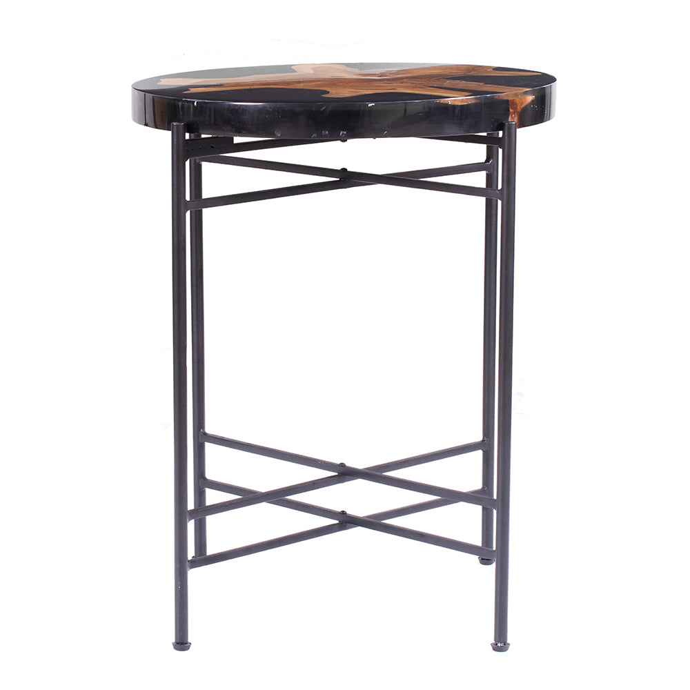 Round epoxy river wood side table with black metal base and intricate wood grain detail