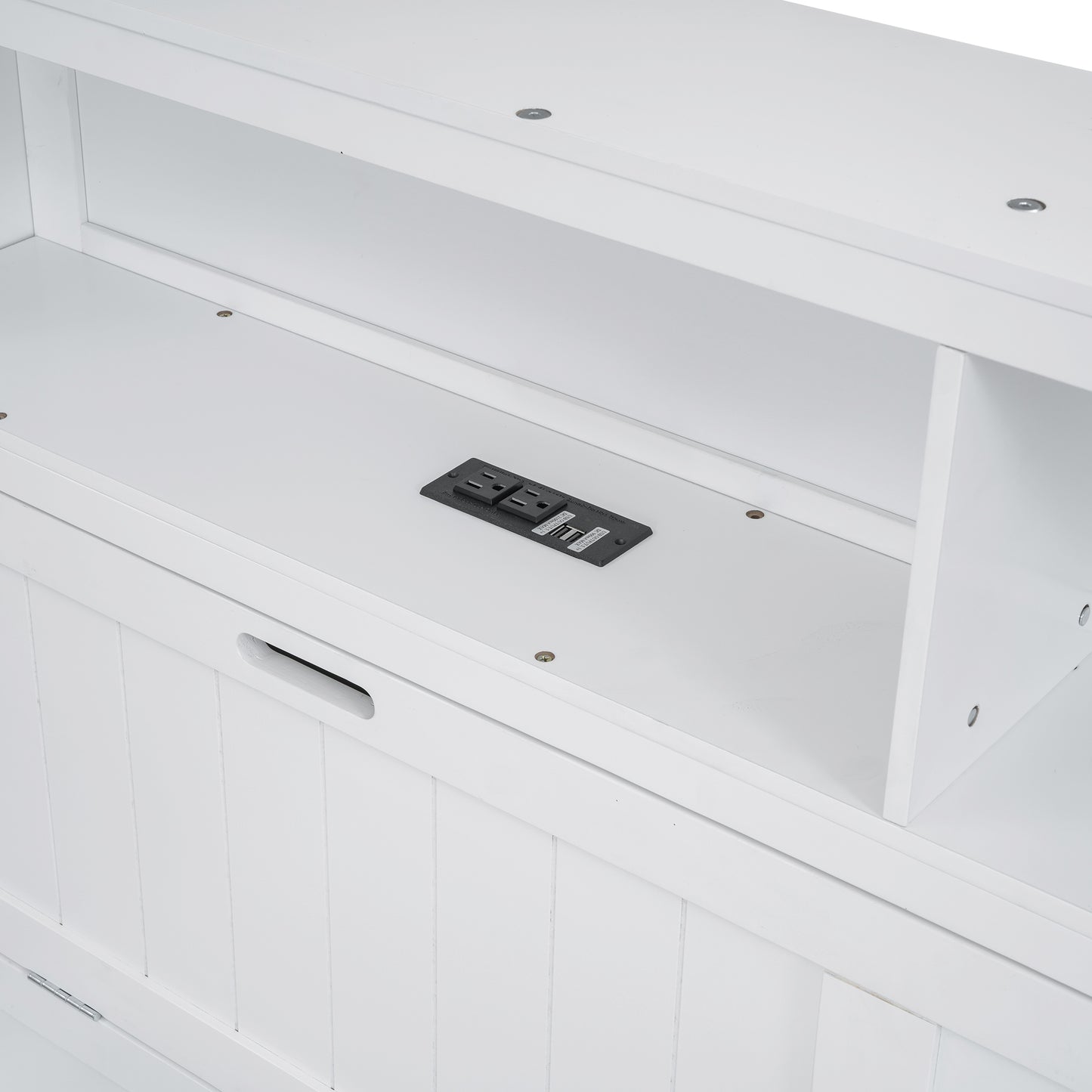 White wooden media console with integrated power outlet and USB ports for electronics
