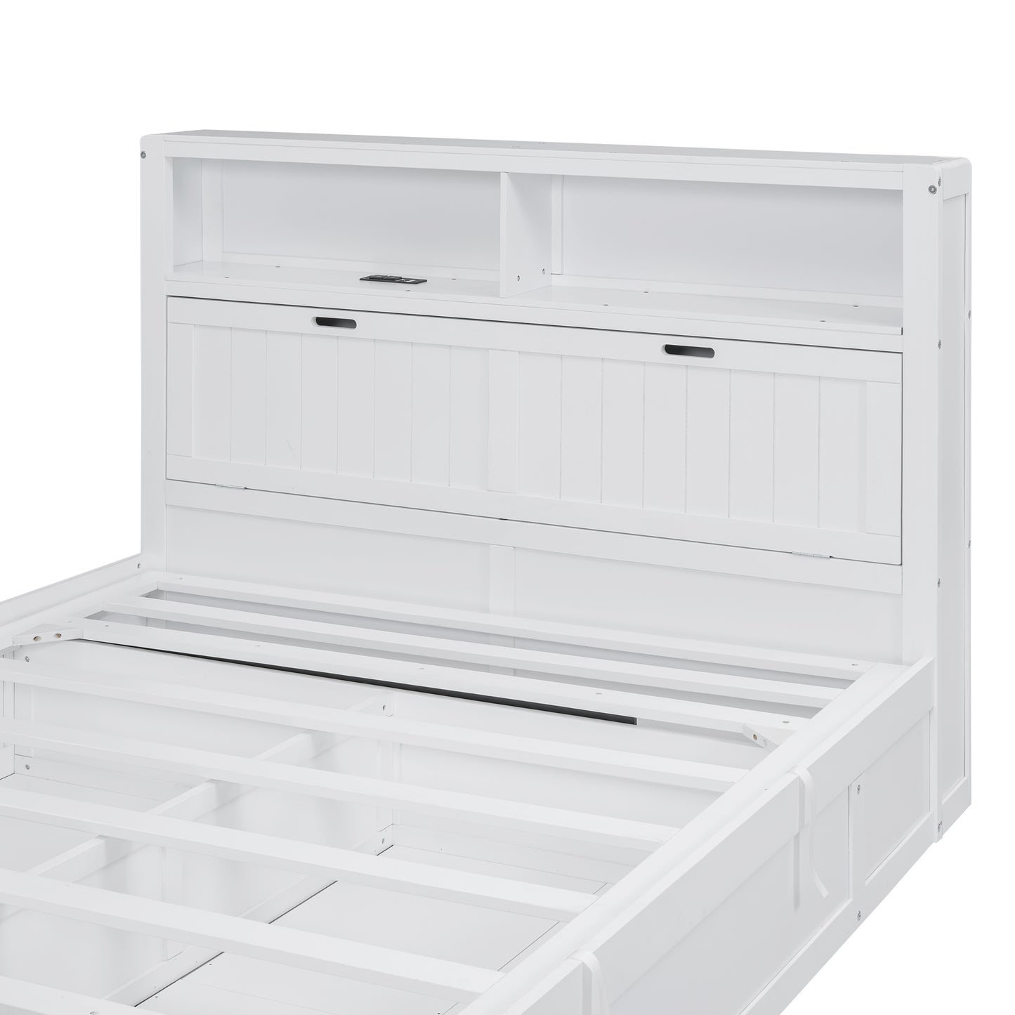 White wooden bed frame with integrated storage headboard and slatted base