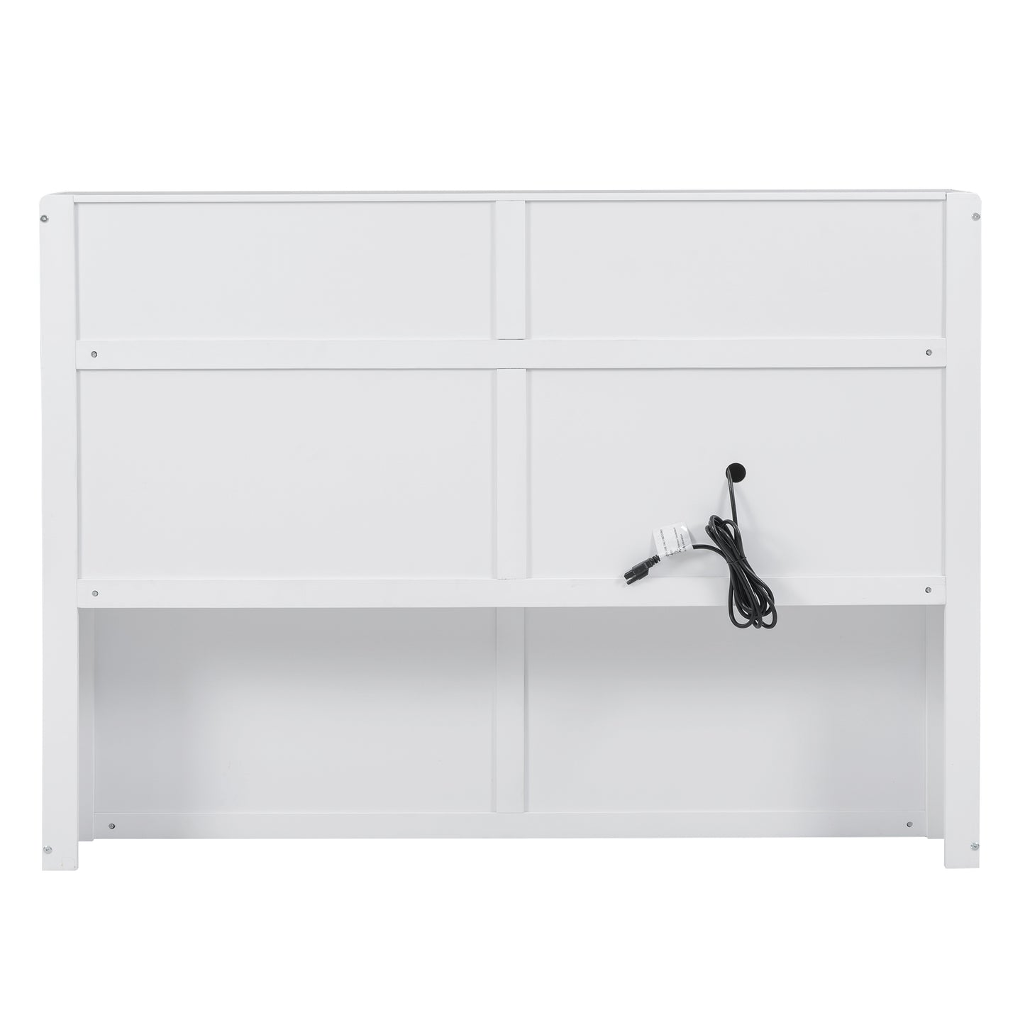White wooden headboard with electrical cord and adapter visible