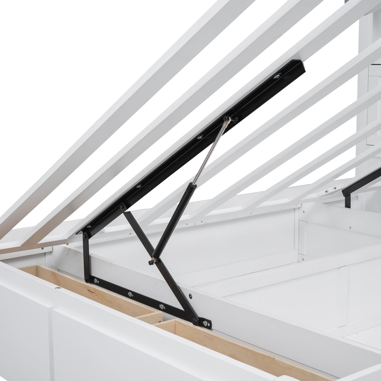 White wooden bed frame with open storage and black hydraulic lift mechanism