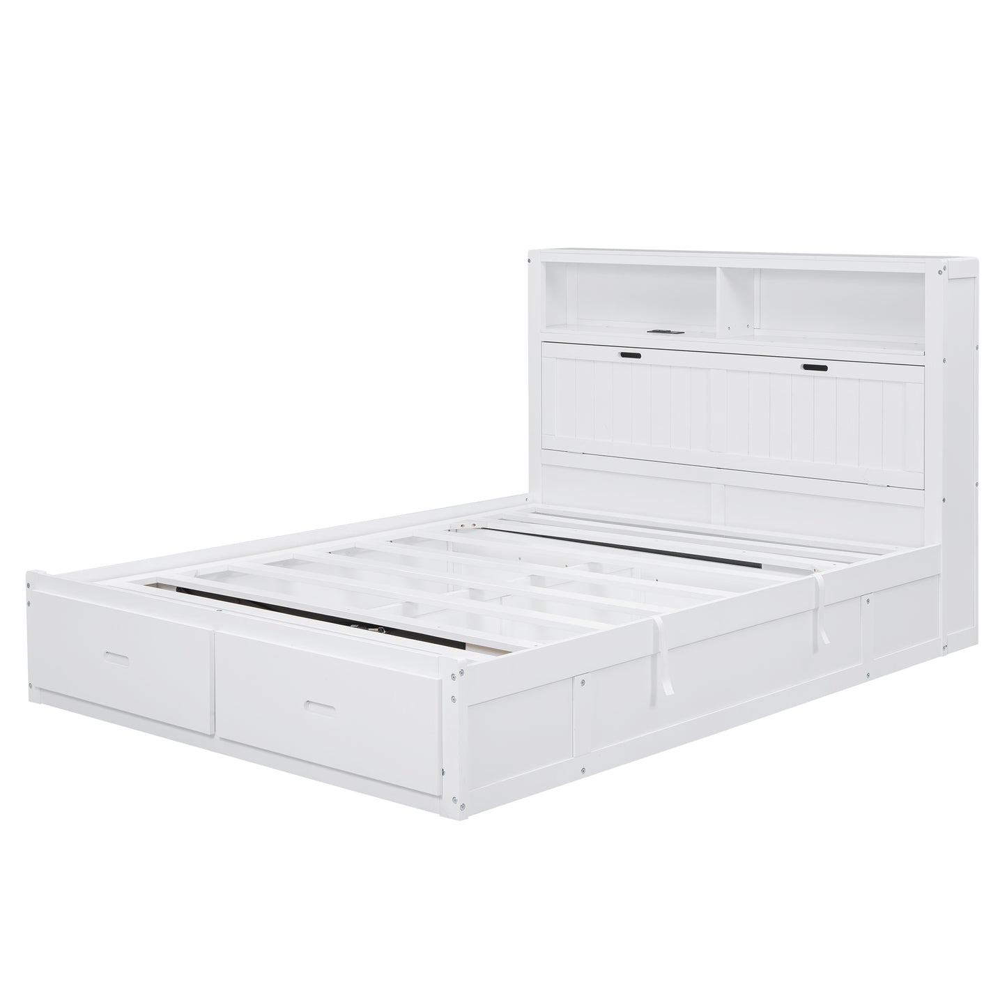 White wooden twin bed frame with storage drawers and bookshelf headboard