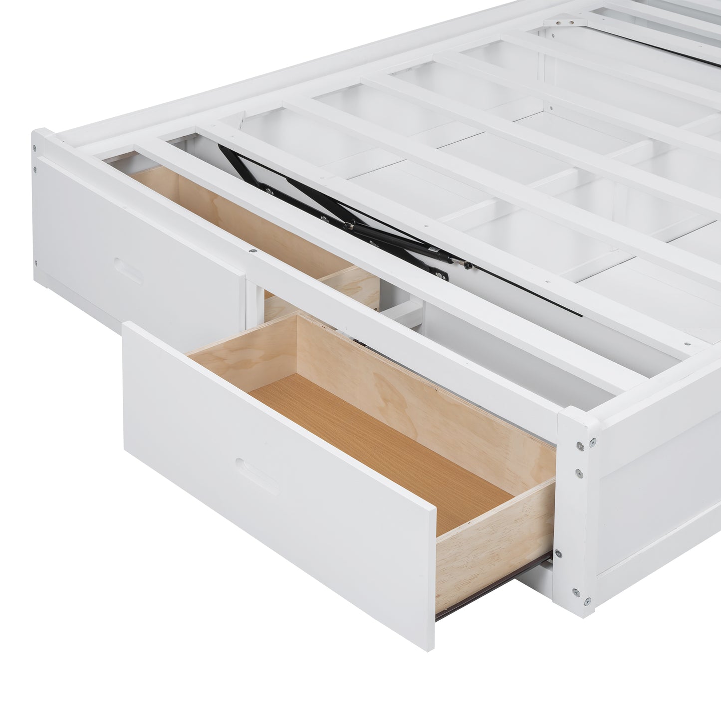 White wooden bed frame with open storage drawers gas lift mechanism visible