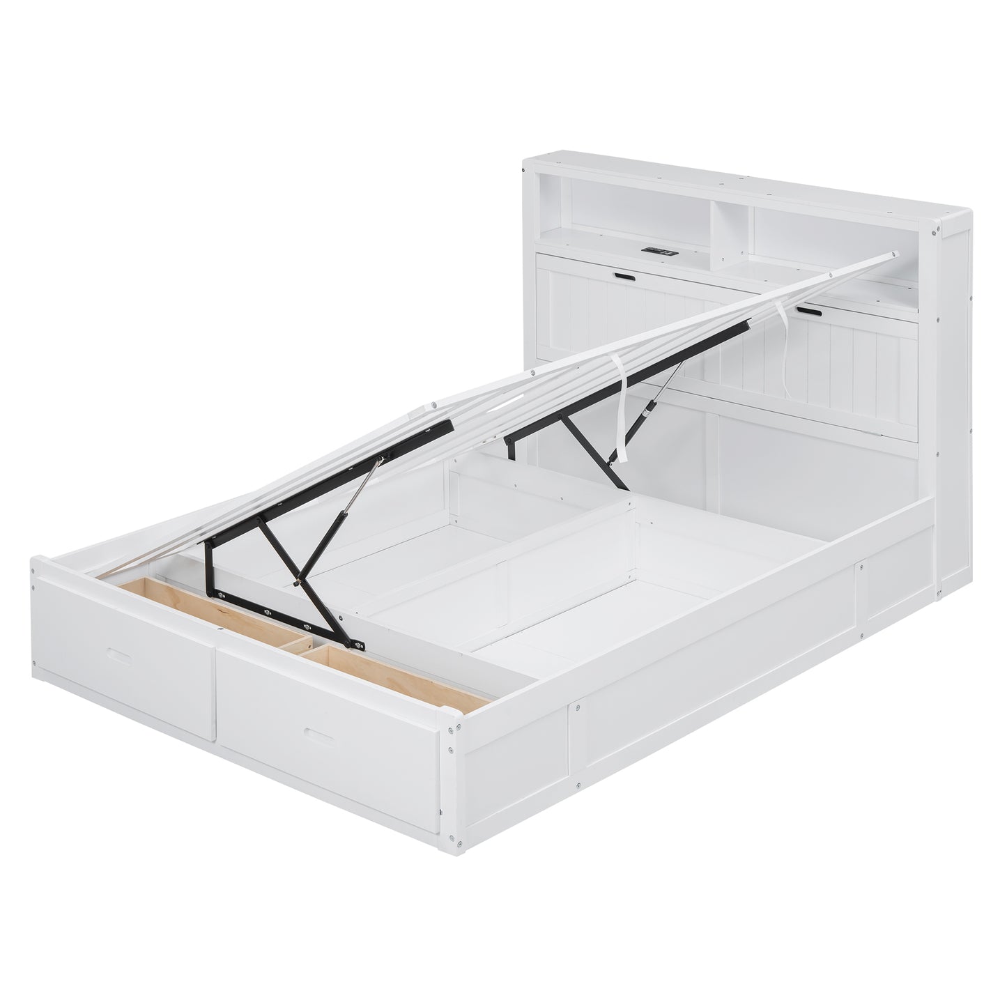 White wooden storage bed frame with open mattress support and drawers
