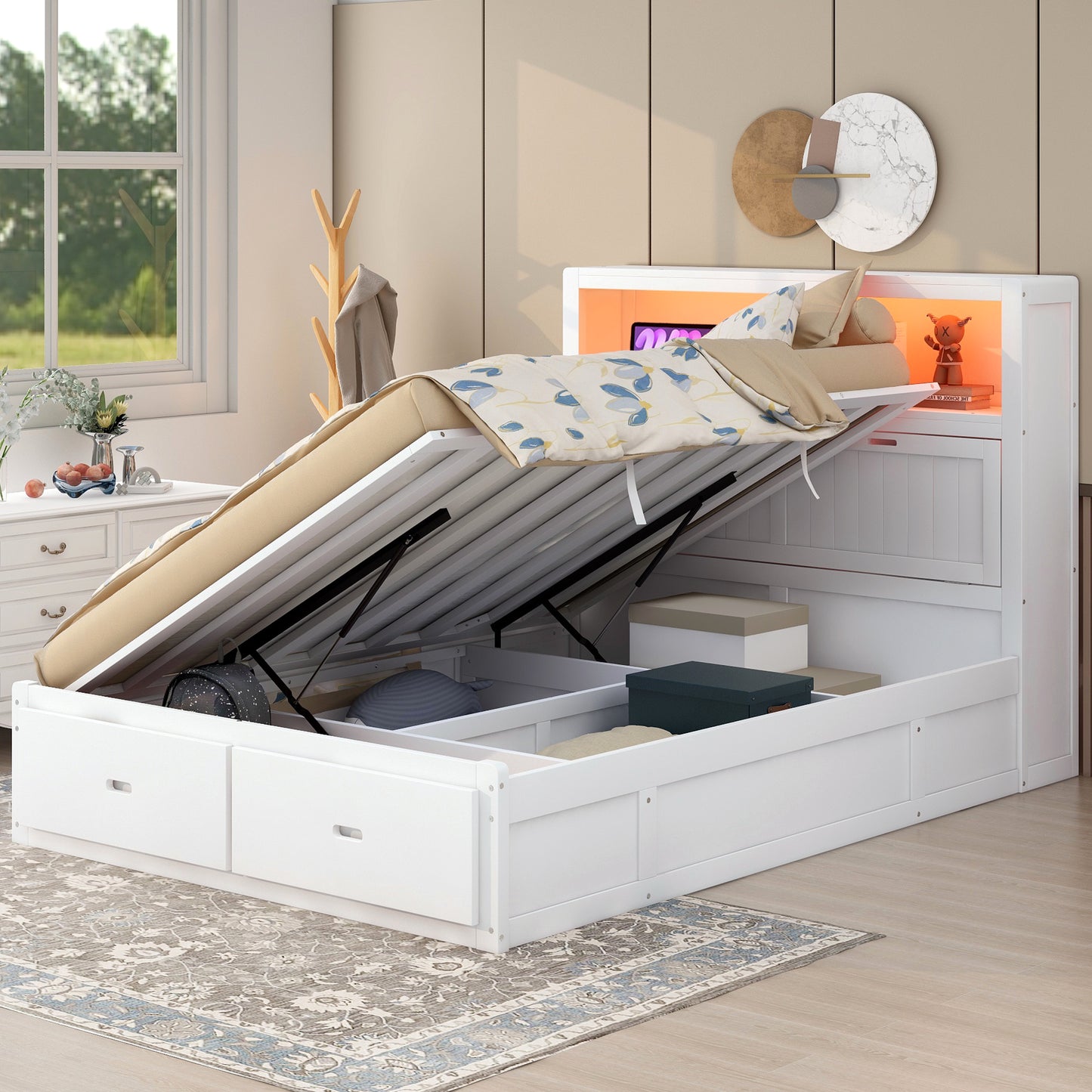 White upholstered storage bed with open liftup mattress and drawer storage