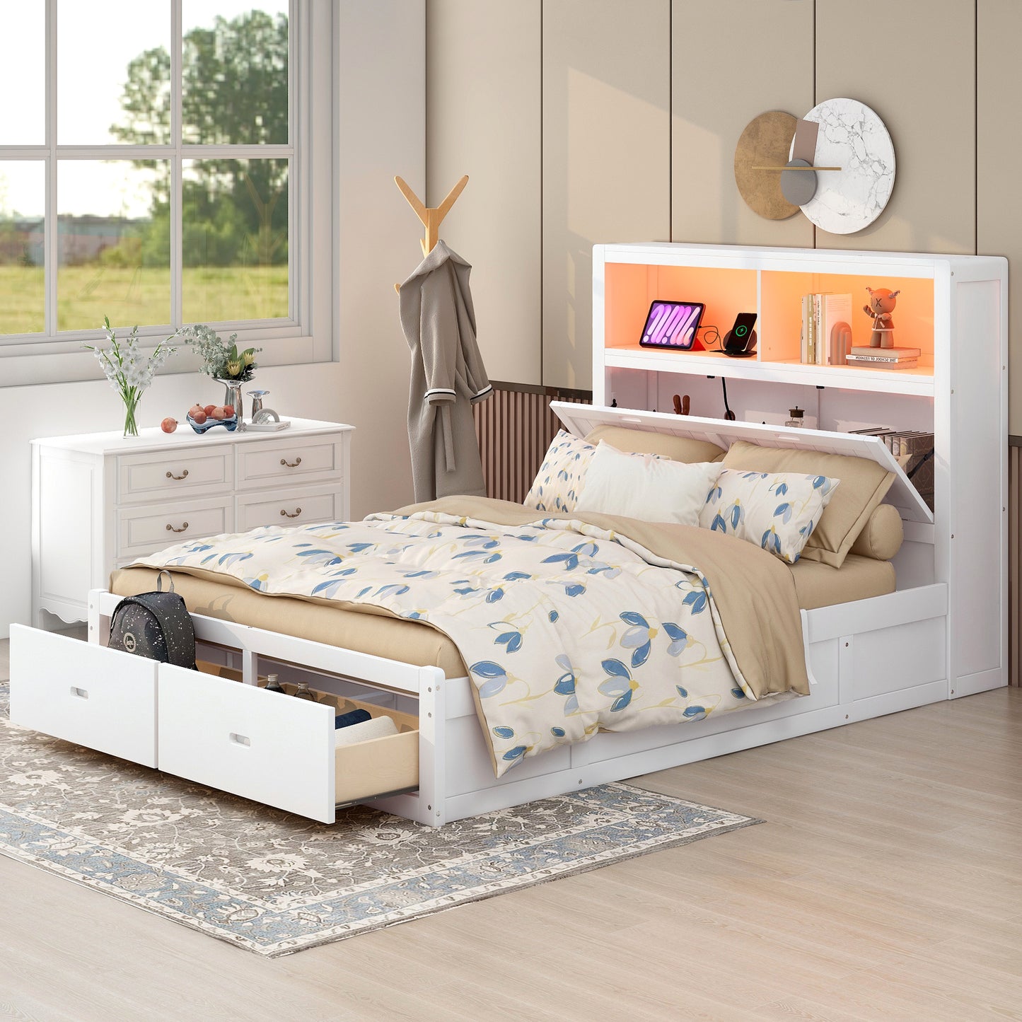 White twin storage bed with integrated bookshelf headboard and ornate floral bedding