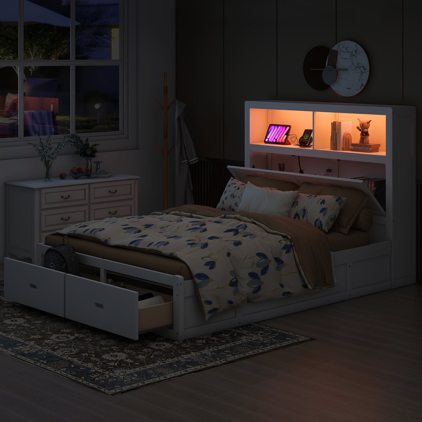 White wooden bed frame with storage drawers and integrated LED lighting
