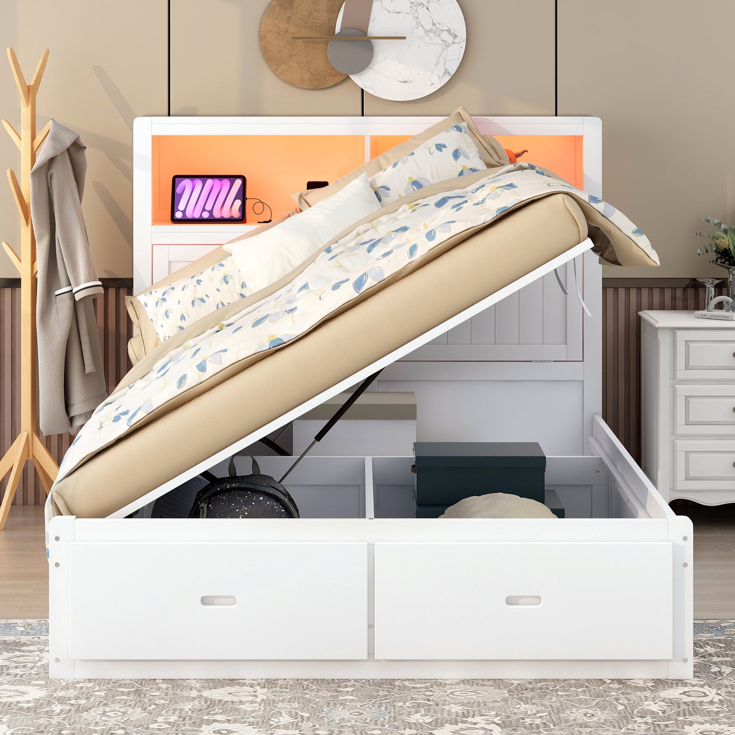 White platform bed with storage drawers and liftup mattress revealing compartments