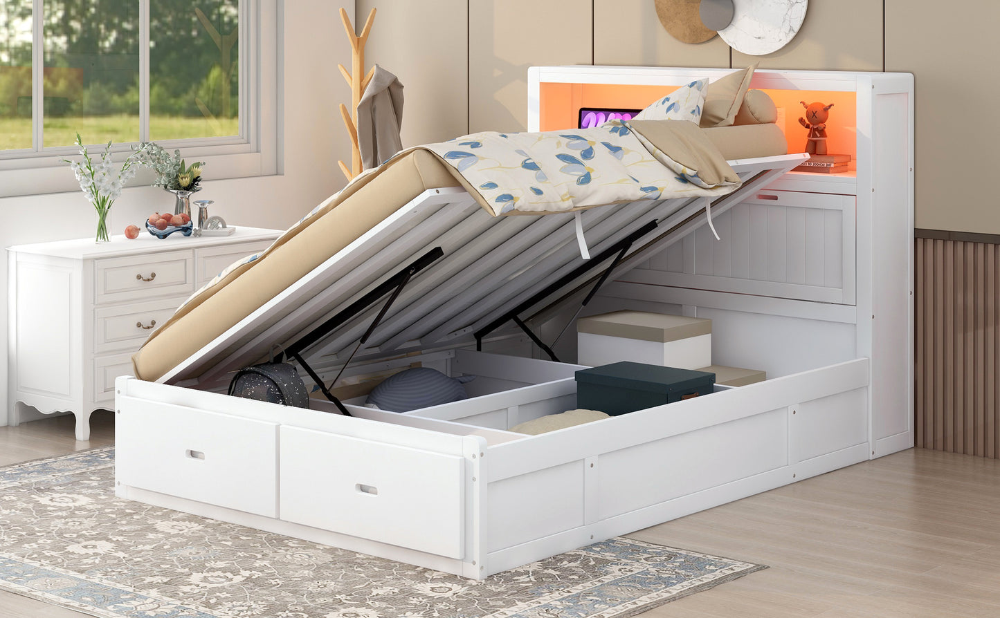 White wooden storage bed with open mattress revealing ample underbed storage space