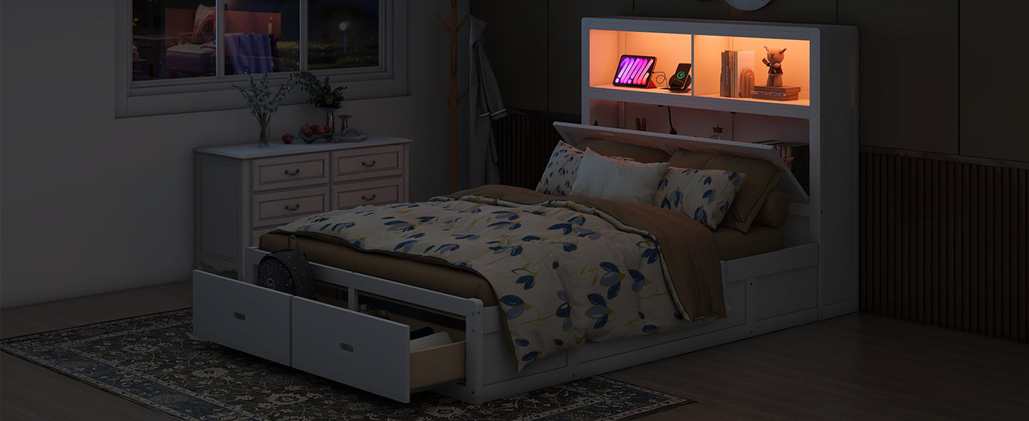 White storage bed frame with drawers and integrated headboard shelving with ambient lighting