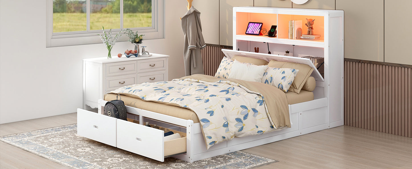 White twin bed frame with storage drawers and a blue floral duvet cover